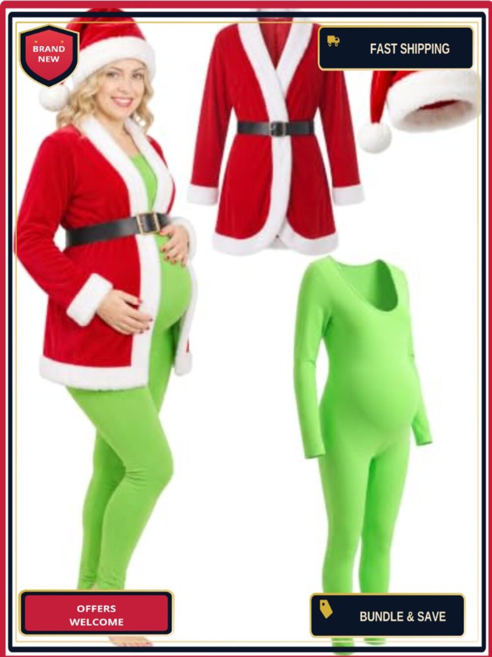 4 Pc Pregnant Monster Santa Costume Bodysuit Coat Hat Belt